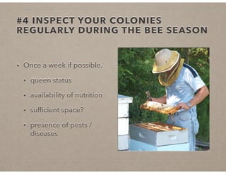 #4 INSPECT YOUR COLONIES
REGULARLY DURING THE BEE SEASON
• Once a week if possible.
• queen status
• availability of nutrition
• sufﬁcient space?
• presence of pests /
diseases
 