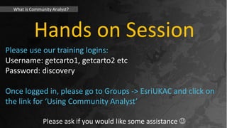 What is Community Analyst?
Hands on Session
Please use our training logins:
Username: getcarto1, getcarto2 etc
Password: d...