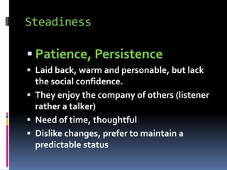 ComplianceRational, Dispassionate approachHighly compliant individuals: interested in factsTends to see things in a practical wayRarely act emotionally & impulsivelyDislike taking risksThey are problem solvers, and possess the ability to structure & interpret information