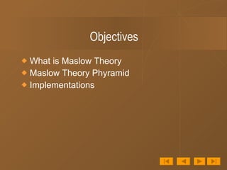 Objectives What is Maslow Theory Maslow Theory Phyramid Implementations 