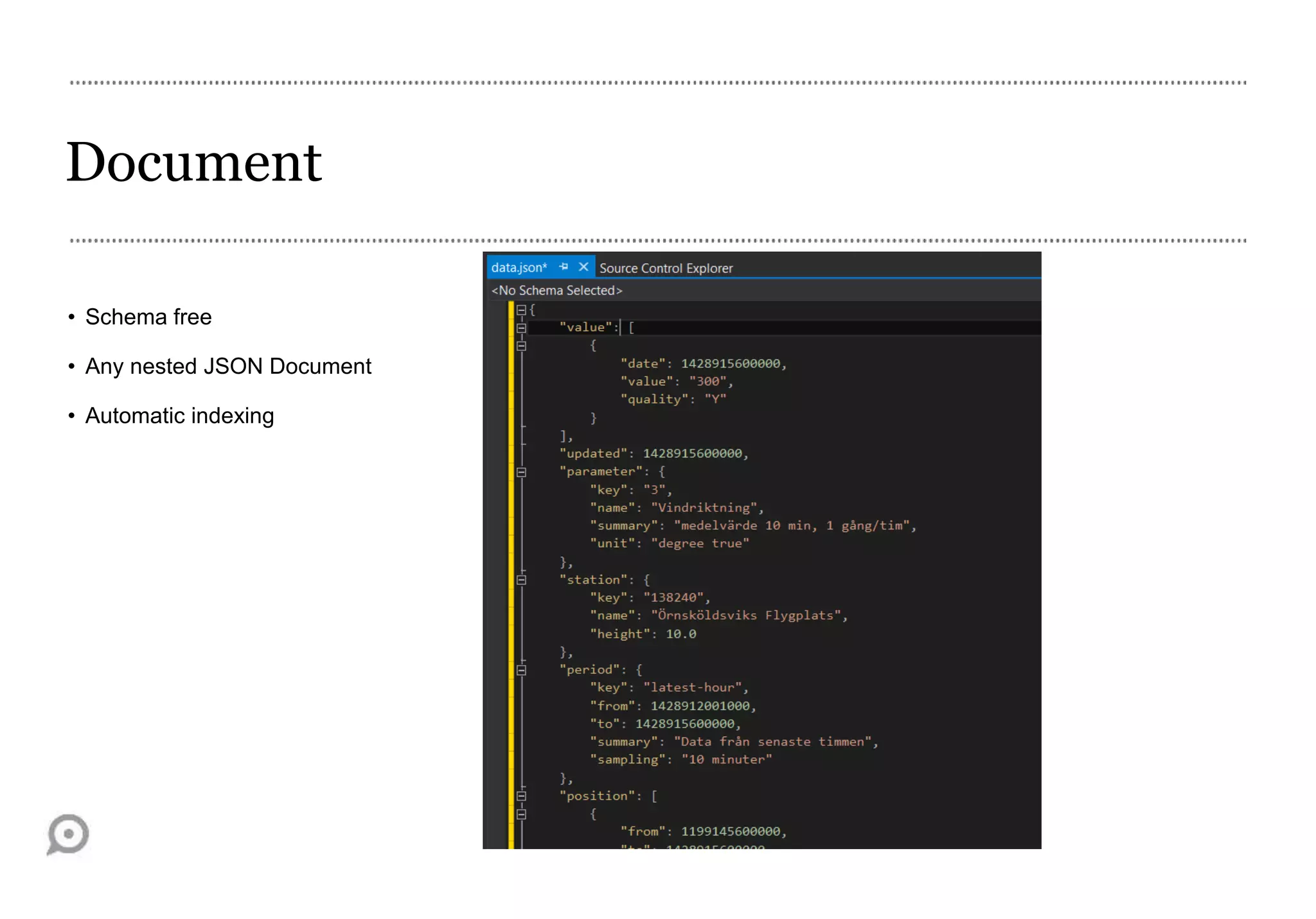 Document
• Schema free
• Any nested JSON Document
• Automatic indexing
 