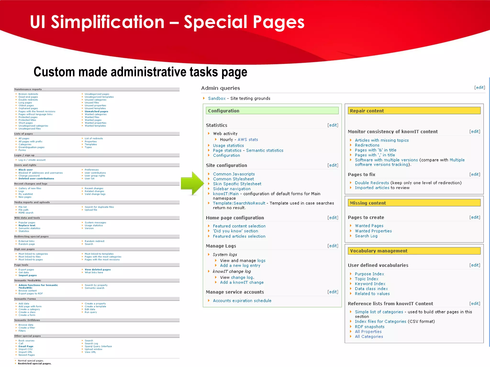 UI Simplification – Special Pages Custom made administrative tasks page 