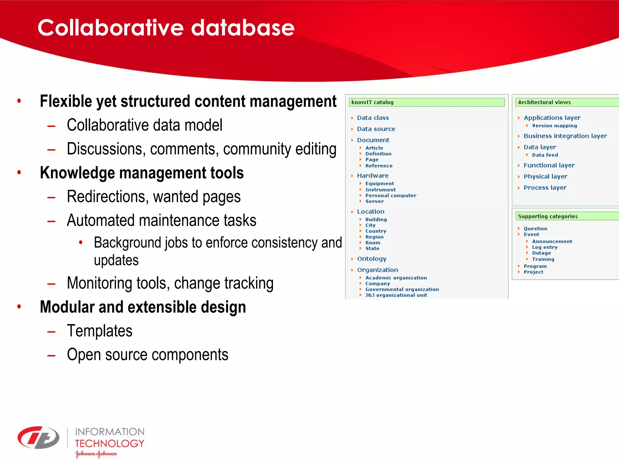 Collaborative database Flexible yet structured content management Collaborative data model Discussions, comments, community editing Knowledge management tools Redirections, wanted pages Automated maintenance tasks Background jobs to enforce consistency and updates Monitoring tools, change tracking Modular and extensible design Templates Open source components 