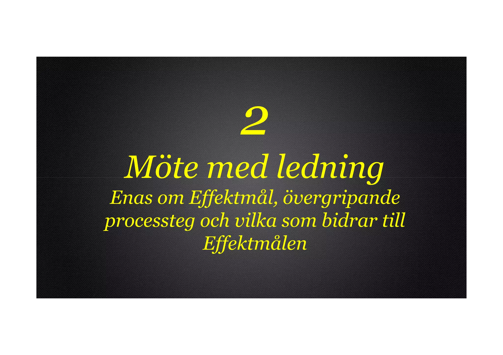 2
  Möte med ledning
Enas om Effektmål, övergripande
processteg och vilka som bidrar till
           Effektmålen
 