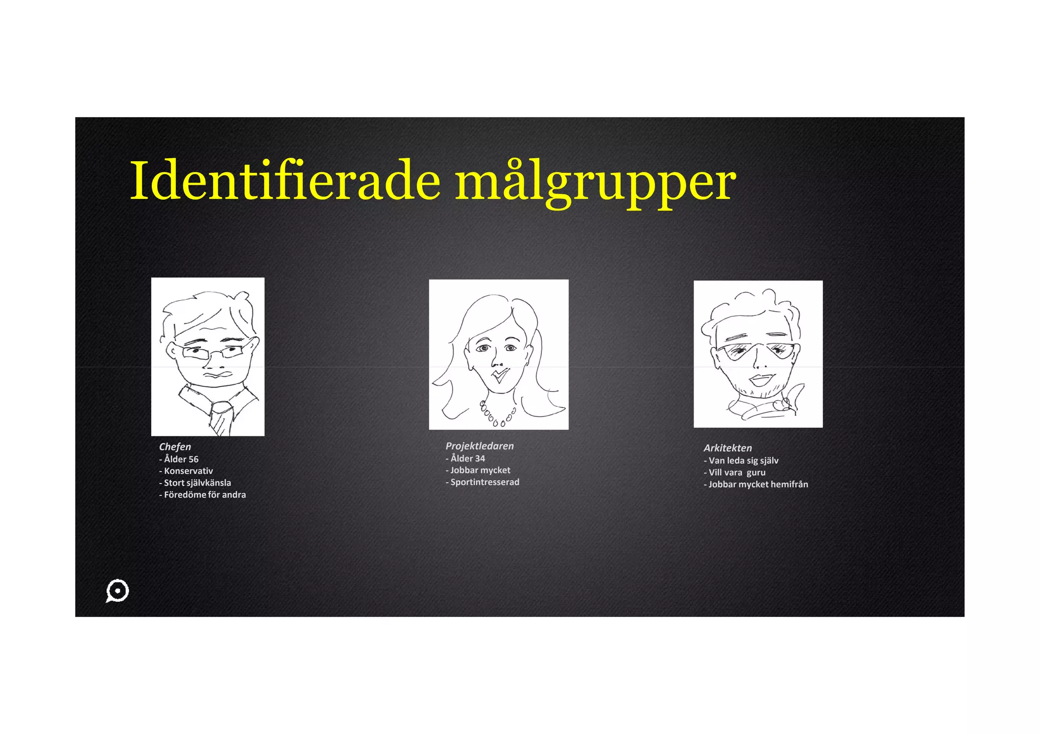 Identifierade målgrupper



 Chefen                 Projektledaren       Arkitekten
 - Ålder 56             - Ålder 34           - Van leda sig själv
 - Konservativ          - Jobbar mycket      - Vill vara guru
 - Stort självkänsla    - Sportintresserad   - Jobbar mycket hemifrån
 - Föredöme för andra
 