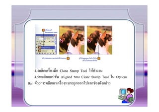 4.4คลิกเครื. องมือ Clone Stamp Tool ให้ทางาน
                                            ํ
    4.5ยกเลิกออปชัน Aligned ของ Clone Stamp Tool ใน Options
                     .
Bar ด้วยการคลิกเอาเครื. องหมายถูกออกไปจากช่องดังกล่าว
 
