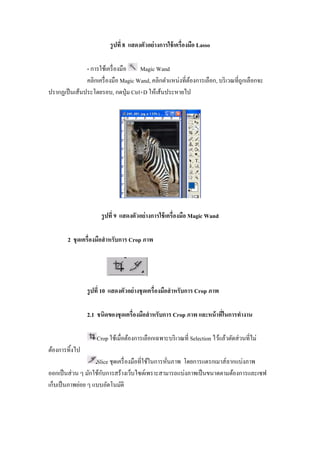 รู ปที 8 แสดงตัวอย่ างการใช้ เครืองมือ Lasso

               - การใช้เครื องมือ    Magic Wand
               คลิกเครื องมือ Magic Wand, คลิกตําแหน่งทีต้องการเลือก, บริ เวณทีถูกเลือกจะ
ปรากฏเป็ นเส้นประโดยรอบ, กดปุ่ ม Ctrl+D ให้เส้นประหายไป




                      รู ปที 9 แสดงตัวอย่ างการใช้ เครืองมือ Magic Wand

        2 ชุ ดเครืองมือสํ าหรับการ Crop ภาพ




                รู ปที 10 แสดงตัวอย่ างชุ ดเครืองมือสํ าหรับการ Crop ภาพ

                2.1 ชนิดของชุ ดเครืองมือสํ าหรับการ Crop ภาพ และหน้ าทีในการทํางาน

                    Crop ใช้เมือต้องการเลือกเฉพาะบริ เวณที Selection ไว้แล้วตัดส่ วนทีไม่
ต้องการทิ"งไป
                     Slice ชุดเครื องมือทีใช้ในการหันภาพ โดยการแดรกเมาส์ ลากแบ่งภาพ
                       ั
ออกเป็ นส่ วน ๆ มักใช้กบการสร้างเว็บไซต์เพราะสามารถแบ่งภาพเป็ นขนาดตามต้องการและเซฟ
เก็บเป็ นภาพย่อย ๆ แบบอัตโนมัติ
 