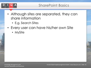 SharePoint Basics
• Although sites are separated, they can
share information
• E.g. Search Sites

• Every user can have his/her own Site
• MySite

Knowledge Management with
Semantic MediaWiki and SharePoint

© 2014 DIQA Projektmanagement GmbH | www.diqa-pm.com | Slide 41

 