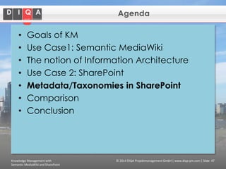 Agenda

•
•
•
•
•
•
•

Goals of KM
Use Case1: Semantic MediaWiki
The notion of Information Architecture
Use Case 2: SharePoint
Metadata/Taxonomies in SharePoint
Comparison
Conclusion

Knowledge Management with
Semantic MediaWiki and SharePoint

© 2014 DIQA Projektmanagement GmbH | www.diqa-pm.com | Slide 47

 