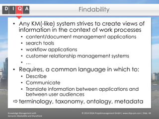 Findability
• Any KM(-like) system strives to create views of
information in the context of work processes
•
•
•
•
•

content/document management applications
search tools
workflow applications
customer relationship management systems
…

• Requires, a common language in which to:
• Describe
• Communicate
• Translate information between applications and
between user audiences

 terminology, taxonomy, ontology, metadata
Knowledge Management with
Semantic MediaWiki and SharePoint

© 2014 DIQA Projektmanagement GmbH | www.diqa-pm.com | Slide 48

 