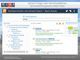 Search Page with TermTreeRefiner
and MatchingTerms Web Parts

Knowledge Management with
Semantic MediaWiki and SharePoint

© 2014 DIQA Projektmanagement GmbH | www.diqa-pm.com | Slide 53

 