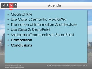 Agenda

•
•
•
•
•
•
•

Goals of KM
Use Case1: Semantic MediaWiki
The notion of Information Architecture
Use Case 2: SharePoint
Metadata/Taxonomies in SharePoint
Comparison
Conclusions

Knowledge Management with
Semantic MediaWiki and SharePoint

© 2014 DIQA Projektmanagement GmbH | www.diqa-pm.com | Slide 56

 