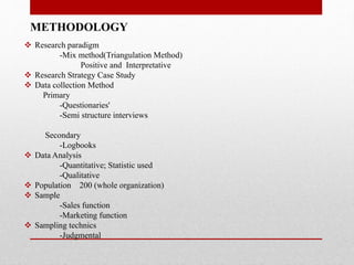 METHODOLOGY
 Research paradigm
-Mix method(Triangulation Method)
Positive and Interpretative
 Research Strategy Case Study
 Data collection Method
Primary
-Questionaries'
-Semi structure interviews
Secondary
-Logbooks
 Data Analysis
-Quantitative; Statistic used
-Qualitative
 Population 200 (whole organization)
 Sample
-Sales function
-Marketing function
 Sampling technics
-Judgmental
 