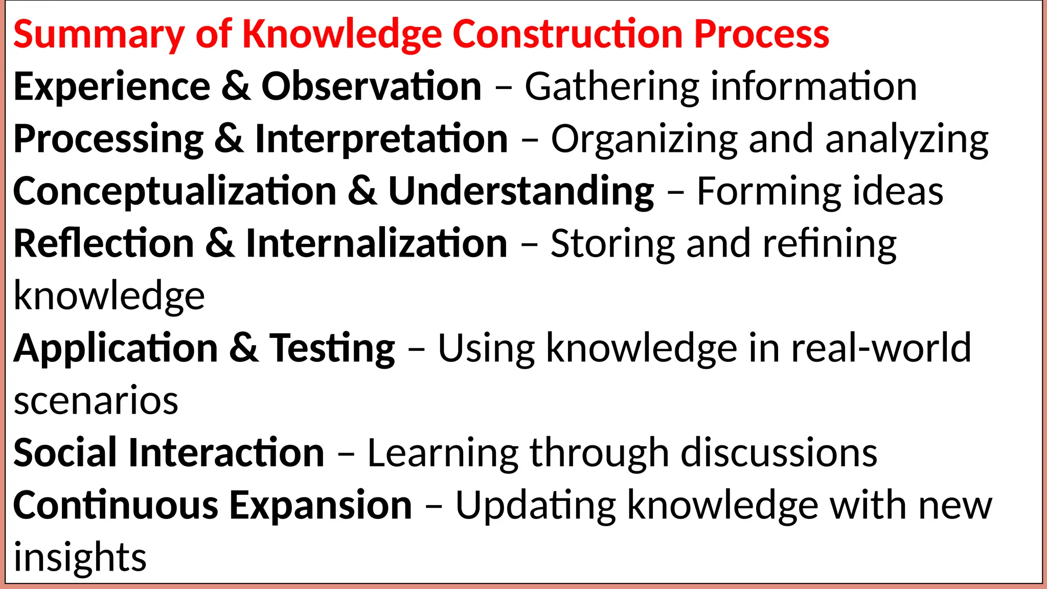 Summary of Knowledge Construction Process
Experience & Observation – Gathering information
Processing & Interpretation – Organizing and analyzing
Conceptualization & Understanding – Forming ideas
Reflection & Internalization – Storing and refining
knowledge
Application & Testing – Using knowledge in real-world
scenarios
Social Interaction – Learning through discussions
Continuous Expansion – Updating knowledge with new
insights
 