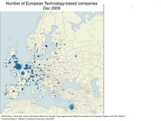Number of European Technology-based companies
                      Dec 2009




Neil Rubens, Kaisa Still, Jukka Huhtamaki, Martha G. Russell “Leveraging Social Media for Analysis of Innovation Players and Their Moves”
Technical Report. Media X, Stanford University, Feb.2010.
 