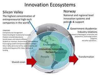 Innovation Ecosystems
Silicon Valley                                                           Norway
The highest concentration of                                             National and regional level
entrepreneurial high-tech                                                innovation systems and
companies in the world;                                                  policies & support

                                                                                 Government-Academia-
STANFORD:
Entrepreneurial management                                                            Industry relations
Federal funding for fundamental research                                       The network of Norwegian universities and
Problem-oriented laboratories                                                          polytechnics, technology centers,
Faculty leaves and industry affiliates                                                                        programs,
                                                                                                 and other operations…
Students as inventors, disseminators, and workforce
Encouraging student entrepreneurship on campus …
Silicon Valley dense but ad hoc social networks and
                                                         Knowledge
nearby planting ground for ideas, startups, &
funding
                                                      Innovation Ecosystem
                                                           NetworksResources
                                                       People                                Transformation

             Shared vision
 