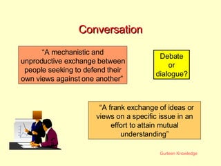 Conversation “A mechanistic and unproductive exchange between people seeking to defend their own views against one another”  “A frank exchange of ideas or views on a specific issue in an effort to attain mutual understanding” Debate or dialogue? 