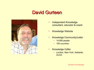 David Gurteen Independent Knowledge consultant, educator & coach Knowledge Website Knowledge Community/Letter 14,000 people 150 countries Knowledge Cafés London, New York, Adelaide, Zurich 