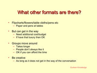 What other formats are there? Flipcharts/flowers/table cloths/pens etc Paper and pens at tables But can get in the way Need additional cost/budget If have that luxury then OK Groups move around Takes longer People don’t always like it OK if you can afford the time Be creative As long as it does not get in the way of the conversation 