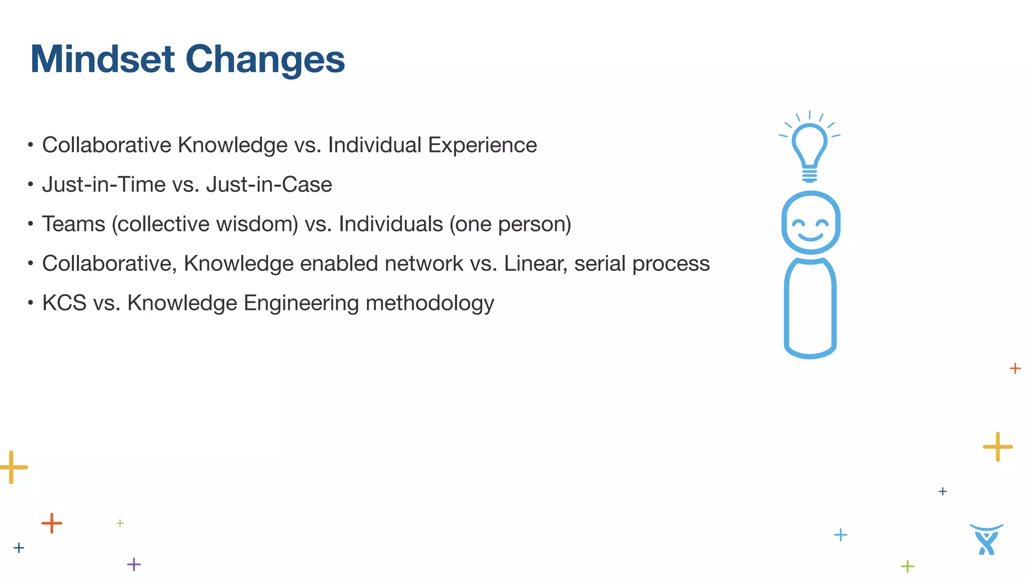 Mindset Changes 
• Collaborative Knowledge vs. Individual Experience 
• Just-in-Time vs. Just-in-Case 
• Teams (collective wisdom) vs. Individuals (one person) 
• Collaborative, Knowledge enabled network vs. Linear, serial process 
• KCS vs. Knowledge Engineering methodology 
 