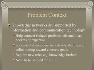 Problem Context <ul><li>Knowledge networks are supported by information and communication technology </li></ul><ul><ul><li...