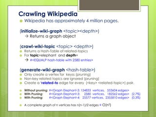 Crawling Wikipedia
   Wikipedia has approximately 4 million pages.

(initialize-wiki-graph <topic><depth>)
     Returns a graph object

(crawl-wiki-topic <topic> <depth>)
   Returns a Hash-Table of related-topics
   For topic=elephant and depth=
     #<EQUALP hash-table with 2580 entries>

(generate-wiki-graph <hash-table>)
   Only create a vertex for keyss (pruning)
   Non-key related topics are ignored (pruning)
   Create a ‘related-to edge for every (<key> <related-topic>) pair.

   Without pruning: #<Graph Elephant-3: 154833 vertices, 553604 edges>
   With Pruning:    #<Graph Elephant-3: 2580 vertices, 182562 edges> (2.7%)
   With Pruning:    #<Graph Elephant-4: 25577 vertices, 2355810 edges> (0.3%)

   A complete graph of n vertices has n(n-1)/2 edges ≡ O(n2)
 