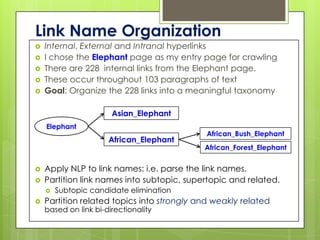 Link Name Organization
   Internal, External and Intranal hyperlinks
   I chose the Elephant page as my entry page for crawling
   There are 228 internal links from the Elephant page.
   These occur throughout 103 paragraphs of text
   Goal: Organize the 228 links into a meaningful taxonomy

                       Asian_Elephant
    Elephant
                                             African_Bush_Elephant
                      African_Elephant
                                            African_Forest_Elephant


   Apply NLP to link names: i.e. parse the link names.
   Partition link names into subtopic, supertopic and related.
       Subtopic candidate elimination
   Partition related topics into strongly and weakly related
    based on link bi-directionality
 