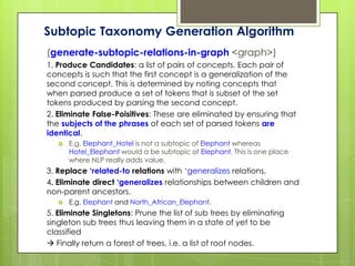 Subtopic Taxonomy Generation Algorithm
(generate-subtopic-relations-in-graph <graph>)
1. Produce Candidates: a list of pairs of concepts. Each pair of
concepts is such that the first concept is a generalization of the
second concept. This is determined by noting concepts that
when parsed produce a set of tokens that is subset of the set
tokens produced by parsing the second concept.
2. Eliminate False-Poisitives: These are eliminated by ensuring that
the subjects of the phrases of each set of parsed tokens are
identical.
      E.g. Elephant_Hotel is not a subtopic of Elephant whereas
       Hotel_Elephant would a be subtopic of Elephant. This is one place
       where NLP really adds value.
3. Replace ‘related-to relations with ‘generalizes relations.
4. Eliminate direct ‘generalizes relationships between children and
non-parent ancestors.
      E.g. Elephant and North_African_Elephant.
5. Eliminate Singletons: Prune the list of sub trees by eliminating
singleton sub trees thus leaving them in a state of yet to be
classified
 Finally return a forest of trees, i.e. a list of root nodes.
 