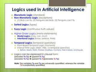 Logics used in Artificial Intelligence
   Monotonic Logic (standard)
   Non-Monotonic Logic (exceptions)
       (1) Birds can fly, (2) Penguins are birds, (3) Penguins can't fly

   Sorted Logics (types)
   Fuzzy Logic (continuous truth values)
   Higher-Order Logics (meta-statements)
       Modal Logics (may, can, must)
       Intentional Logics (know, believe, think)

   Temporal Logics (temporal operators)
       Point-Based Temporal Logic (moments)
       Interval Time Logic (Allen 1986, 13 temporal operators)
           Before, Meets, Starts, Finishes, Overlaps, Contains, their inverses, and Equals.

   Logics can be expressed in clausal form:
    (ancestor ?x ?y)  (parent ?x ?y)
    (ancestor ?x ?y)  (parent ?x ?z)(ancestor ?z ?y)

    Note: The variables ?x and ?y are universally quantified, whereas the variable
           ?z is existentially quantified.
 