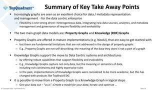 © Copyright 2020 TopQuadrant Inc. Slide 45
Summary of Key Take Away Points
▪ Increasingly graphs are seen as an excellent choice for data / metadata representation
and management - for the data centric enterprise
– Flexibility is one strong driver: heterogeneous data, integrating new data sources, analytics, and metadata
management and governance all require flexibility and evolvability
▪ The two main graph data models are: Property Graphs and Knowledge (RDF) Graphs
▪ Property Graphs are offered in mature implementations (e.g. Neo4J), that are easy to get started with
– but there are fundamental limitations that are not addressed in the design of property graphs
– E.g., Property Graphs are not self-describing; the meaning of the data they store is not a part of a graph
▪ Knowledge Graphs support the move to Data Centric systems and architectures
– by offering robust capabilities that support flexibility and evolvability
– E.g., Knowledge Graphs capture not only data, but the meaning or semantics of data,
including rich constraints and highly expressive rules
– In the past, implementations of Knowledge Graphs were considered to be more academic, but this has
changed with products like TopBraid EDG
▪ It is possible to move from a Property Graph to a Knowledge Graph in logical steps
– Get your data out – “as-is”; Create a model for your data; iterate and optimize …
 