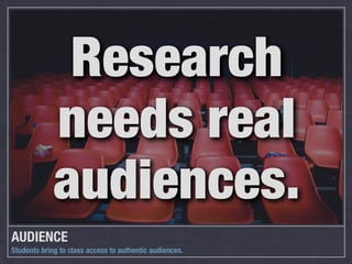 Research
             needs real
             audiences.
AUDIENCE
Students bring to class access to authentic audiences.
 