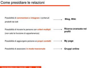 Possibilità di  commentare e integrare  i contenuti prodotti da tutti Possibilità di trovare le persone con  criteri multipli  (non solo la funzione di appartenenza) Possibilità di aggiungere persone ai  propri contatti Possibilità di associarsi  in modo trasversale Come presidiare le relazioni Blog, Wiki Ricerca avanzata nei profili My page Gruppi online 