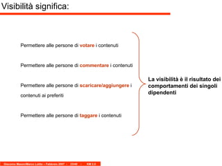 Permettere alle persone di  votare  i contenuti Permettere alle persone di  commentare  i contenuti Permettere alle persone di  scaricare/aggiungere  i contenuti ai preferiti Permettere alle persone di  taggare  i contenuti Visibilità significa: La visibilità è il risultato dei comportamenti dei singoli dipendenti 