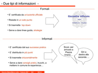 E’ certificata dal suo  successo pratico E’ distribuita in  più punti Si trasmette  orizzontalmente Serve a dare  consigli pratici , trucchi, a    mettere in comune le esperienze… E’ certificata da  un’autorità ufficiale Risiede in  un solo punto Si trasmette  top down Serve a dare linee guida,  strategie - Due tipi di informazioni  -  Formali Informali Giri a destra alla seconda….  Scusi, per arrivare a Piazza Irnerio… 