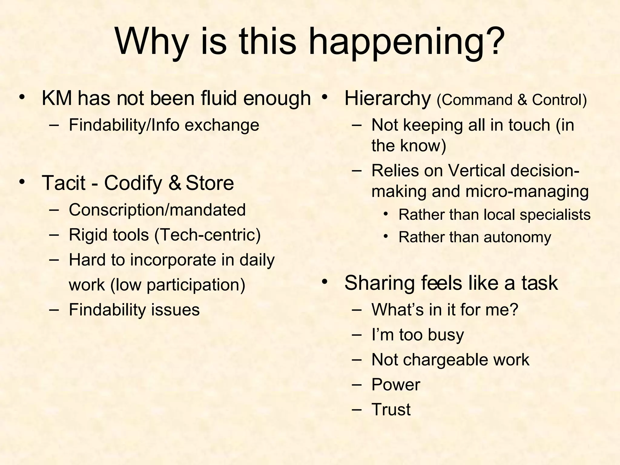 Why is this happening? KM has not been fluid enough Findability/Info exchange Tacit - Codify & Store Conscription/mandated Rigid tools (Tech-centric) Hard to incorporate in daily  work (low participation) Findability issues Hierarchy  (Command & Control) Not keeping all in touch (in the know) Relies on Vertical decision-making and micro-managing Rather than local specialists Rather than autonomy Sharing feels like a task What’s in it for me? I’m too busy Not chargeable work Power Trust  