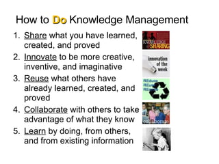 How to  Do   Knowledge Management Share  what you have learned, created, and proved Innovate  to be more creative, inventive, and imaginative Reuse  what others have already learned, created, and proved Collaborate  with others to take advantage of what they know Learn  by doing, from others, and from existing information 