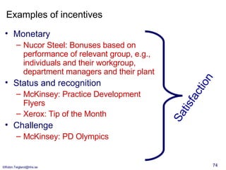 Examples of incentives <ul><li>Monetary </li></ul><ul><ul><li>Nucor Steel: Bonuses based on performance of relevant group,...