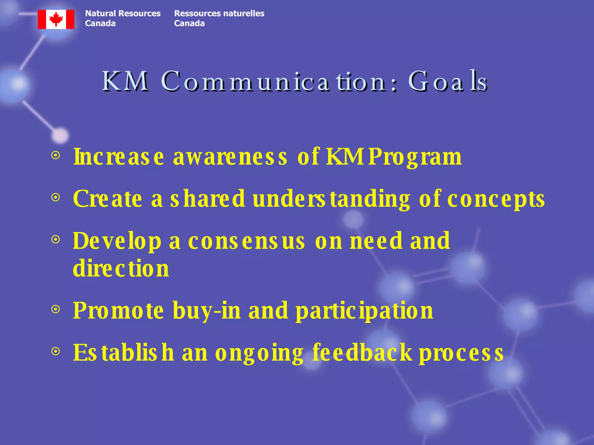 KM Communication: Goals Increase awareness of KM Program Create a shared understanding of concepts Develop a consensus on need and direction Promote buy-in and participation Establish an ongoing feedback process 