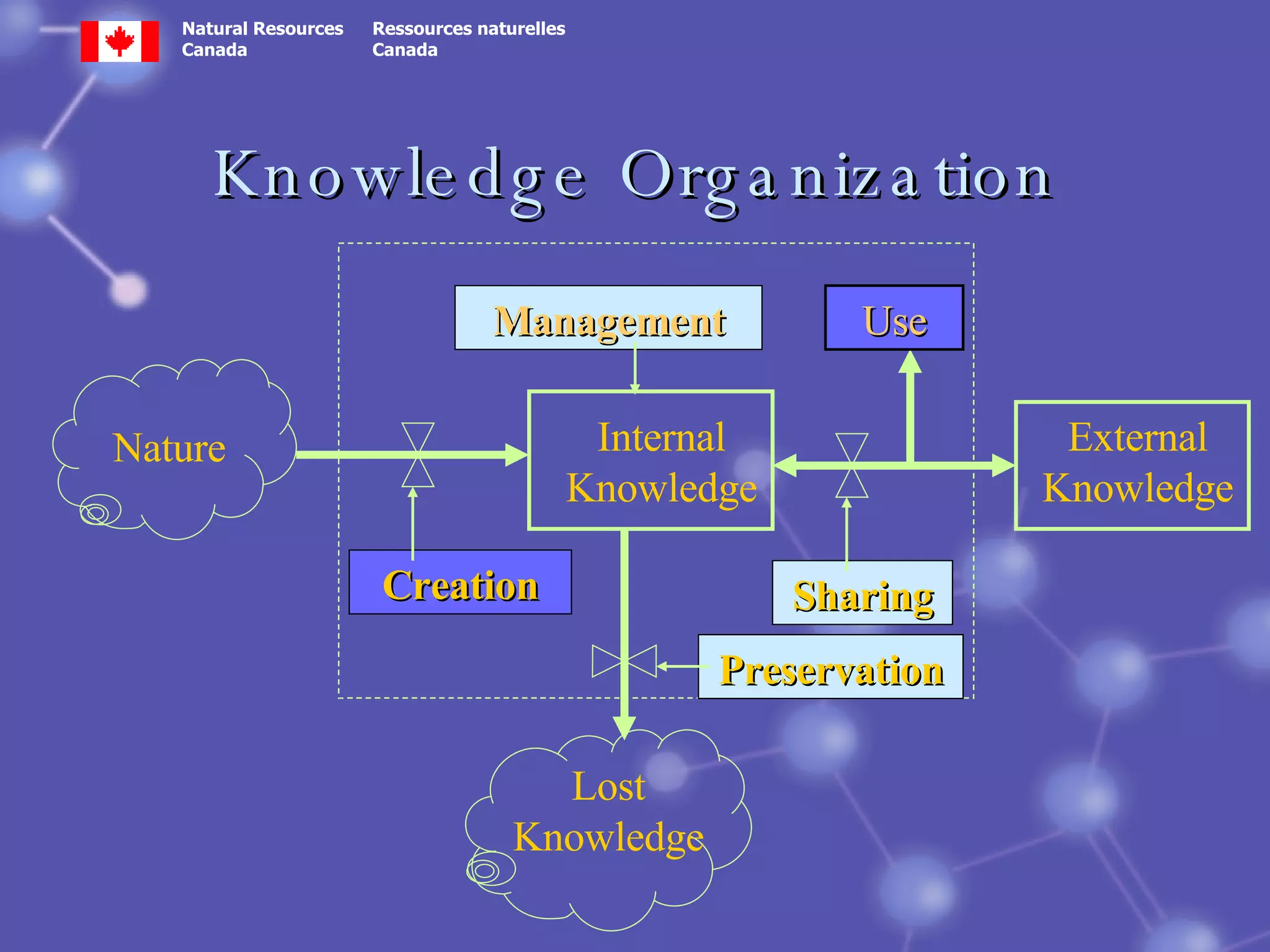 Knowledge Organization External Knowledge Sharing Creation Nature Internal Knowledge Management Preservation Lost Knowledge Use 