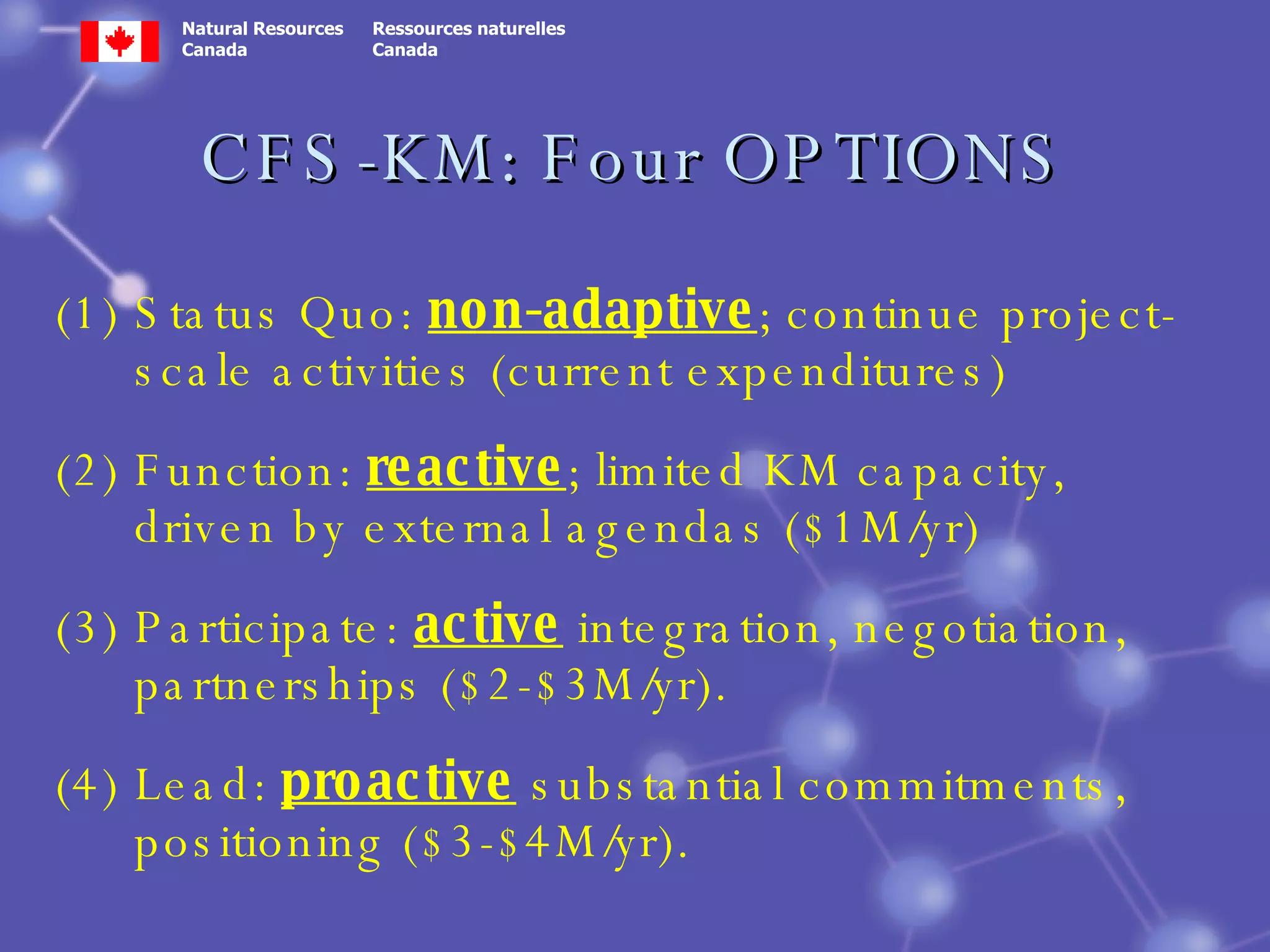 CFS-KM: Four OPTIONS (1) Status Quo:  non-adaptive ; continue project-scale activities (current expenditures) (2) Function:  reactive ; limited KM capacity, driven by external agendas ($1M/yr) (3) Participate:  active  integration, negotiation, partnerships ($2-$3M/yr). (4) Lead:  proactive  substantial commitments, positioning ($3-$4M/yr). 