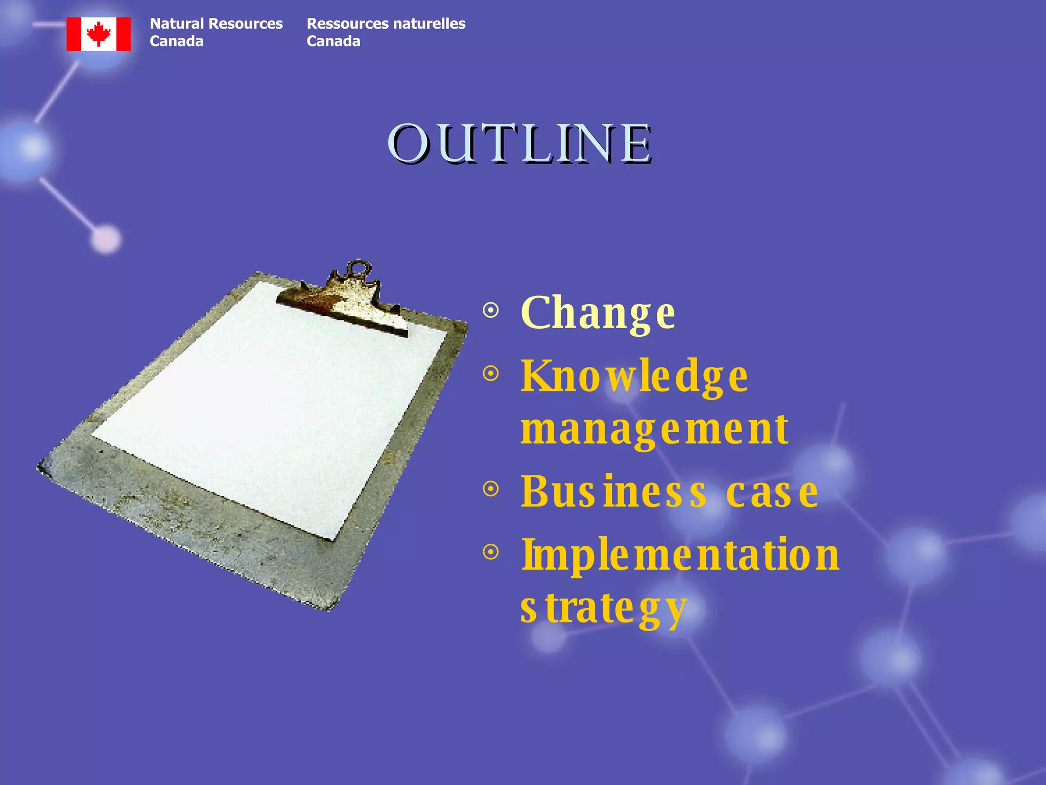 OUTLINE Change Knowledge management Business case  Implementation strategy 
