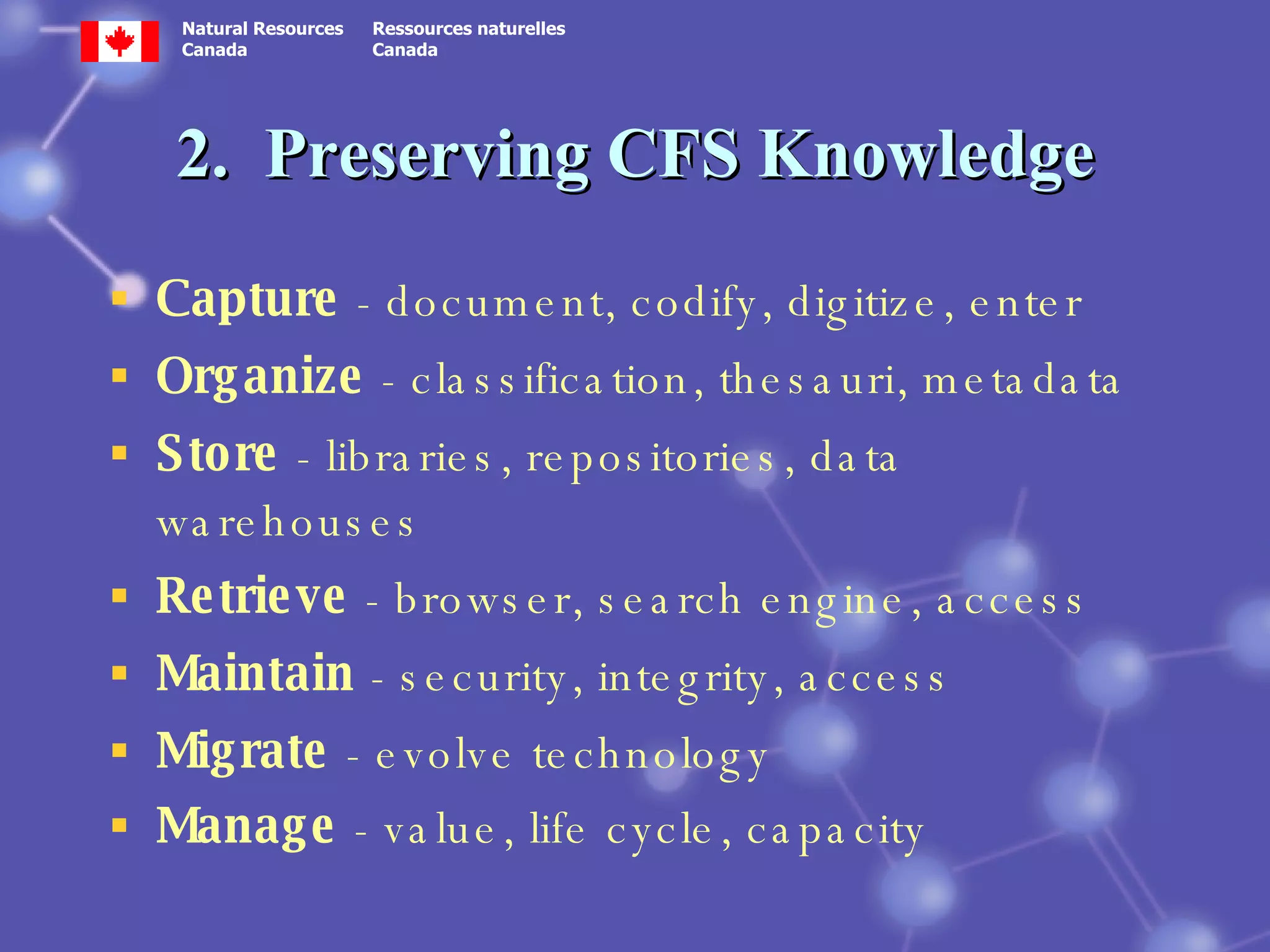 2.  Preserving CFS Knowledge Capture  - document, codify, digitize, enter Organize  - classification, thesauri, metadata Store  - libraries, repositories, data warehouses Retrieve  - browser, search engine, access Maintain  - security, integrity, access Migrate  - evolve technology Manage  - value, life cycle, capacity   