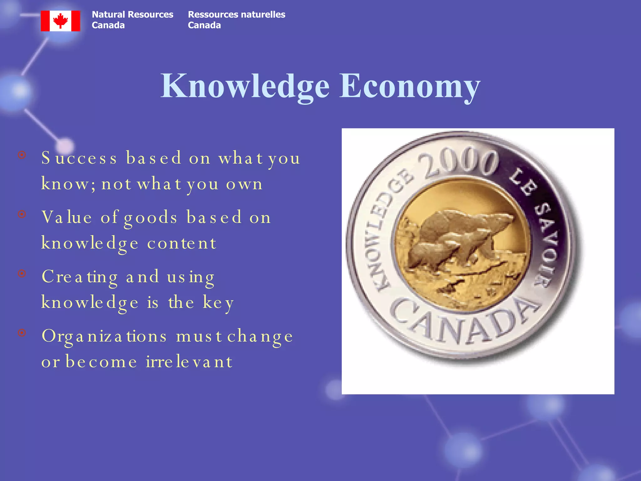 Knowledge Economy Success based on what you know; not what you own  Value of goods based on knowledge content  Creating and using knowledge is the key Organizations must change or become irrelevant 