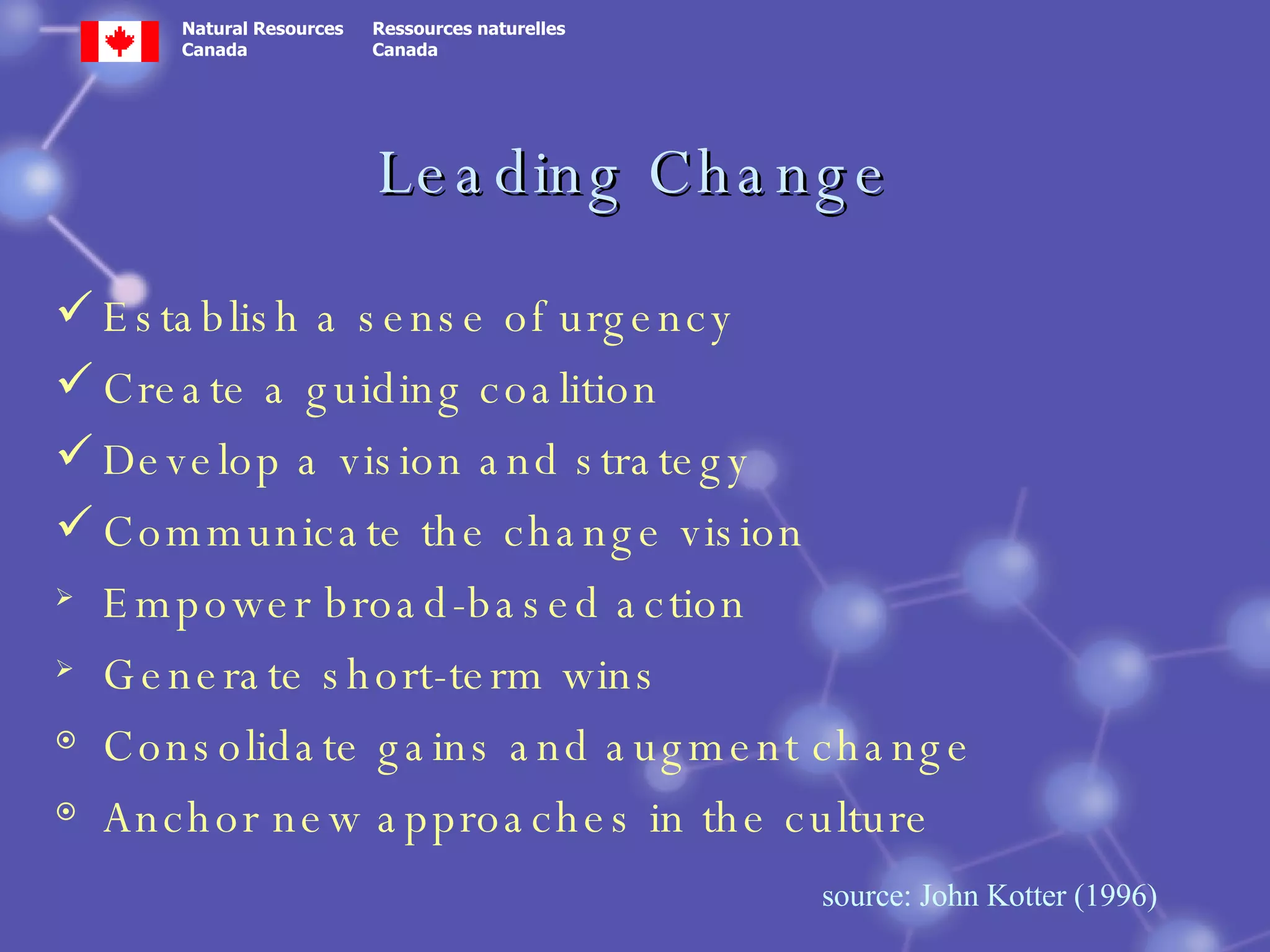 Leading Change Establish a sense of urgency Create a guiding coalition Develop a vision and strategy Communicate the change vision Empower broad-based action Generate short-term wins Consolidate gains and augment change Anchor new approaches in the culture source: John Kotter (1996) 