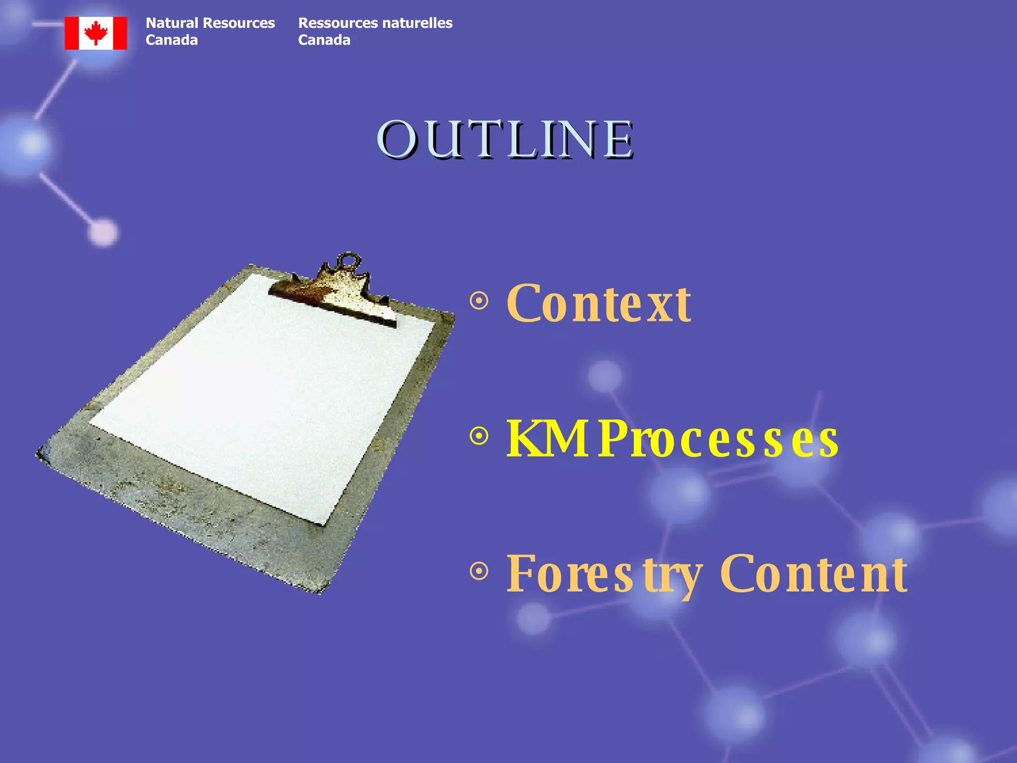 OUTLINE Context KM Processes   Forestry Content 