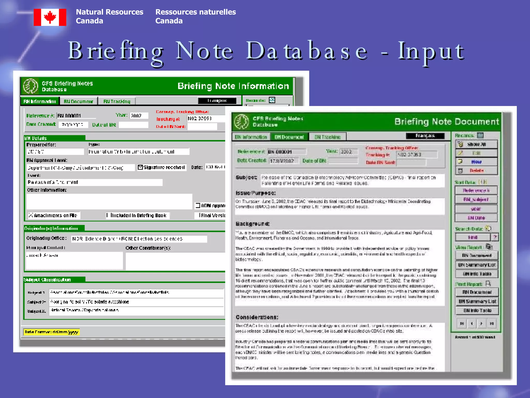 Briefing Note Database - Input 