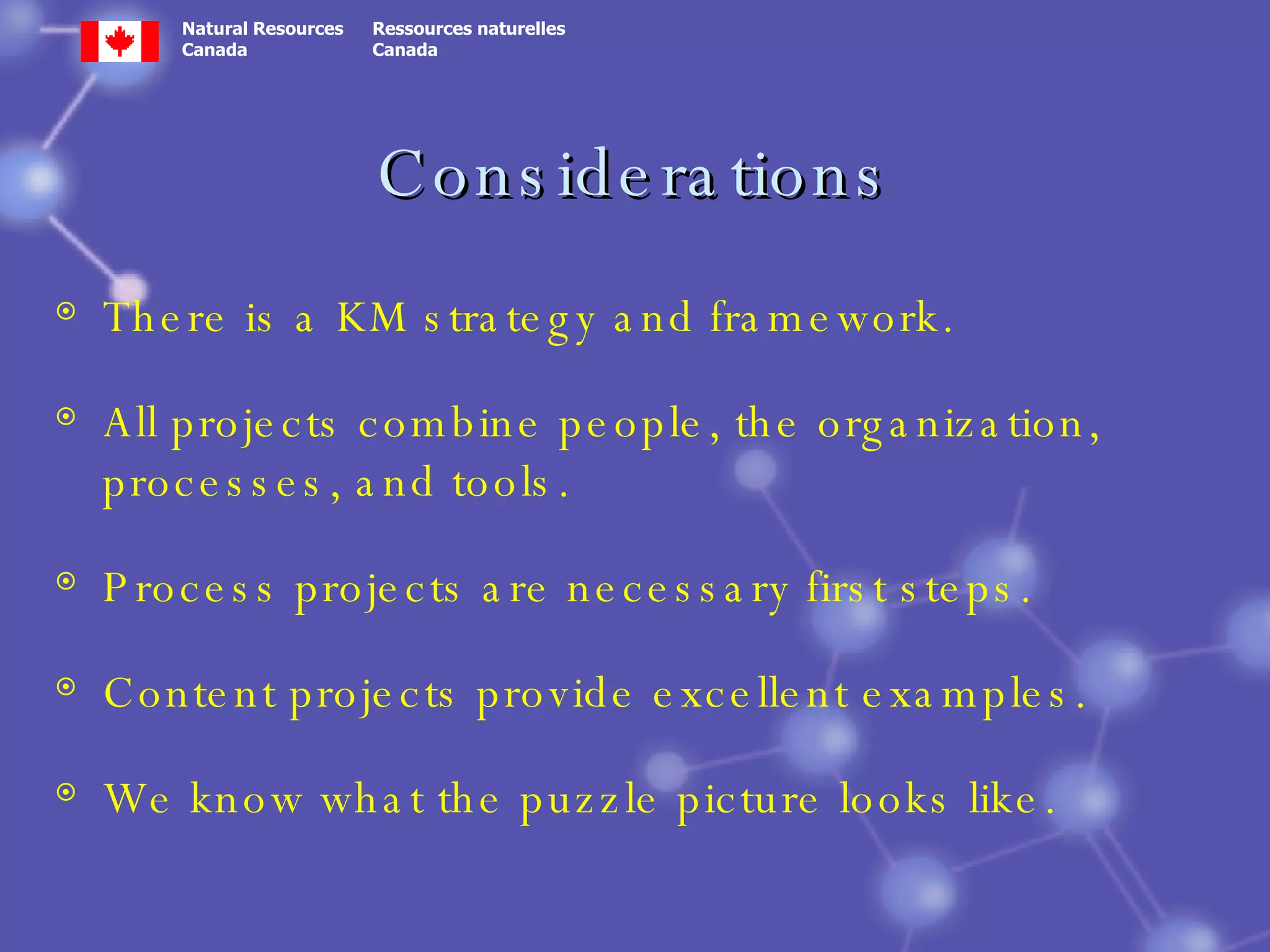 Considerations There is a KM strategy and framework. All projects combine people, the organization, processes, and tools. Process projects are necessary first steps.  Content projects provide excellent examples. We know what the puzzle picture looks like. 
