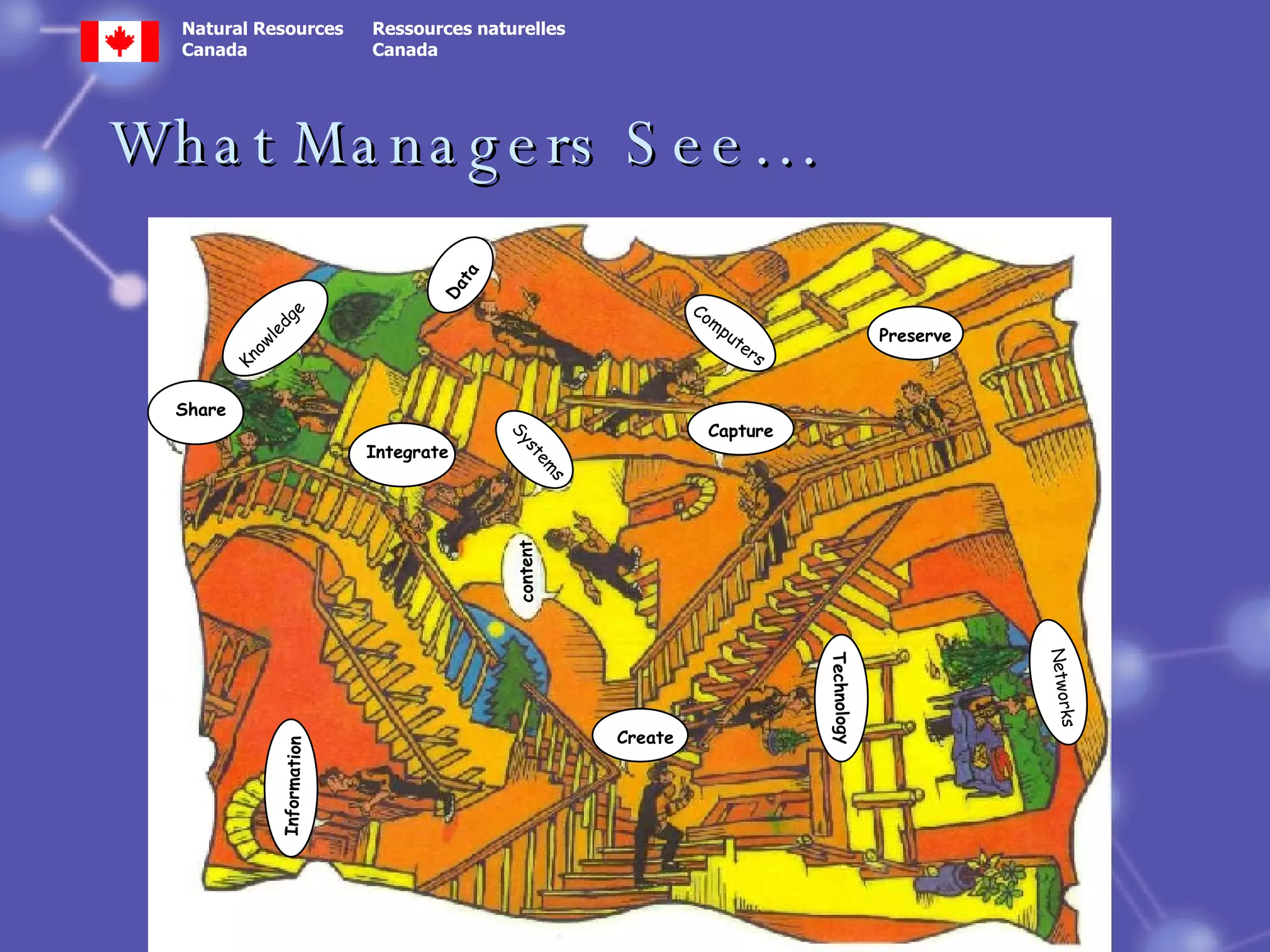 What Managers See… content Create Information Knowledge Data Capture Preserve Share Integrate Systems Computers Technology Networks 