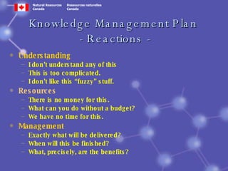 Knowledge Management Plan  - Reactions - Understanding I don’t understand any of this This is too complicated. I don’t like this “fuzzy” stuff. Resources There is no money for this. What can you do without a budget? We have no time for this. Management Exactly what will be delivered? When will this be finished? What, precisely, are the benefits? 