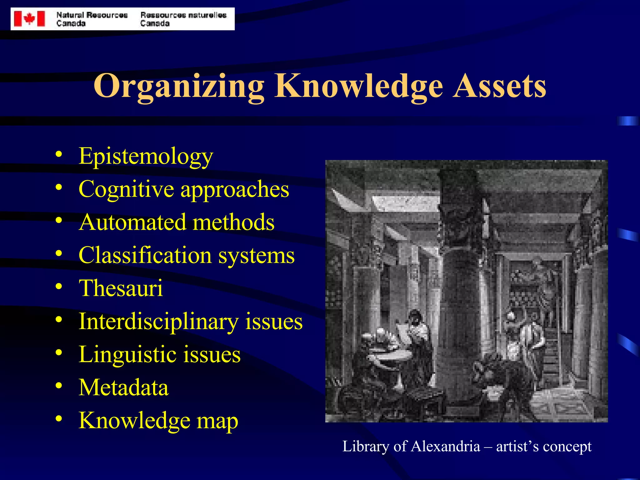 Organizing Knowledge Assets Epistemology Cognitive approaches Automated methods  Classification systems Thesauri Interdisciplinary issues Linguistic issues Metadata Knowledge map Library of Alexandria – artist’s concept 